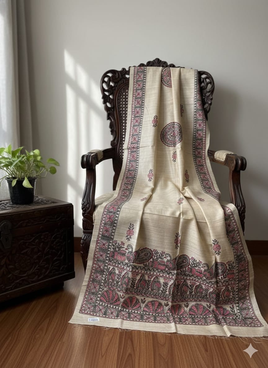 Handwoven Tussar Hand Painted Madhubani Dupatta