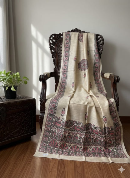 Handwoven Tussar Hand Painted Madhubani Dupatta