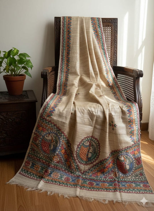 Handwoven Tussar Hand Painted Madhubani Dupatta