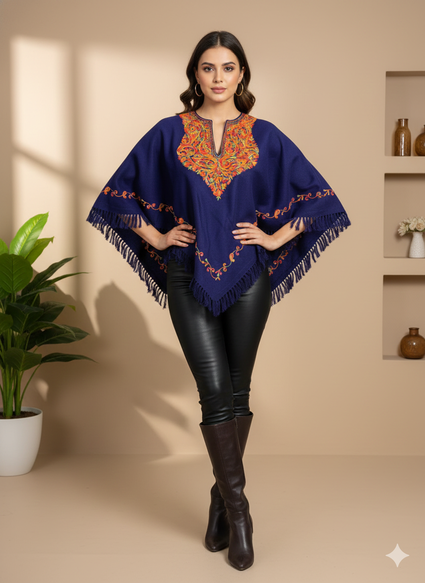 Kashmiri Aari Embroidered Woollen Poncho – | Handcrafted Heritage