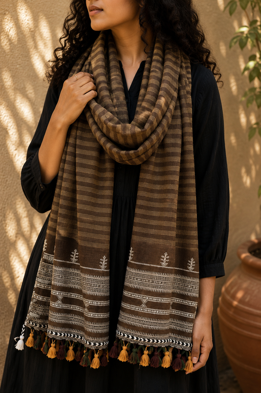 Kutch Bhujodi Weaving Handloom Organic Kala Cotton Stole with Tassels