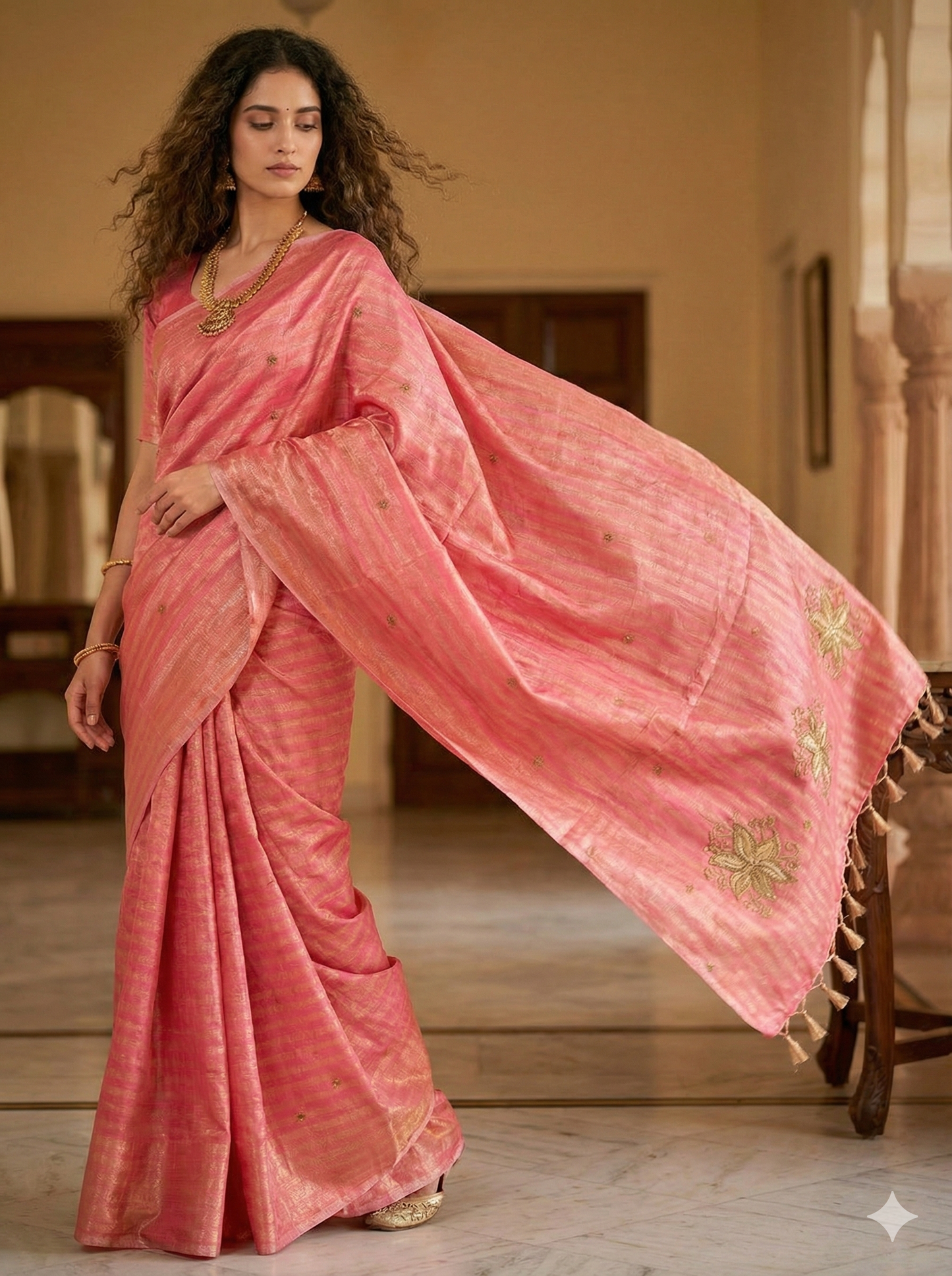 HANDLOOM MAHESHWARI SILK TISSUE ZARI STRIPES SAREE WITH ZARDOSI WORK