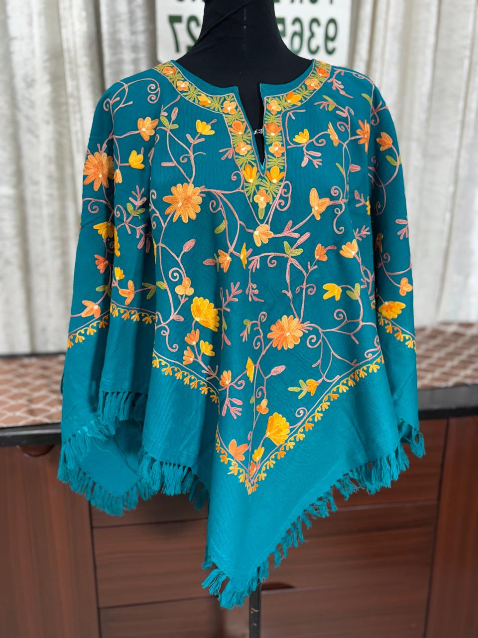 Kashmiri Aari Embroidered Woollen Poncho – | Handcrafted Heritage