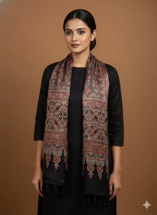 Black- Hand block Mashru Silk Ajrakh Stole 07