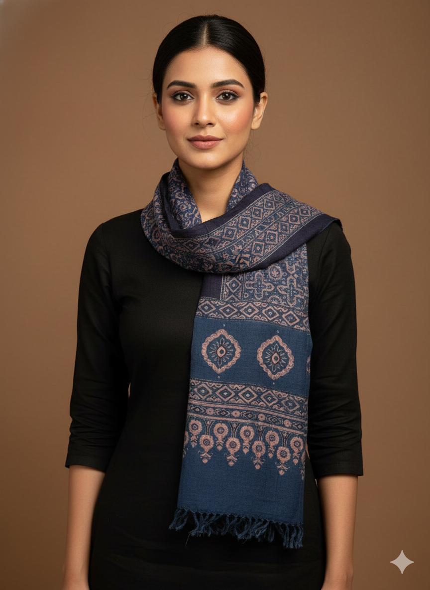 KUTCH HANDWOVEN HANDBLOCK  MERINO WOOL AJRAKH STOLE