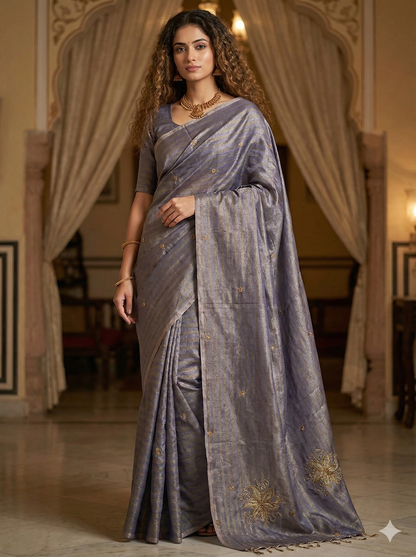 HANDLOOM MAHESHWARI SILK TISSUE ZARI STRIPES SAREE WITH ZARDOSI WORK