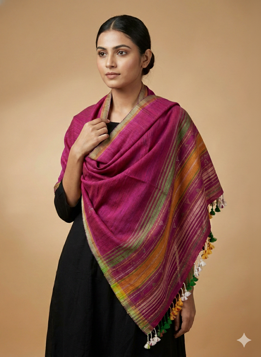 Handwoven woollen  pure tussar and wool kutch weaving stole