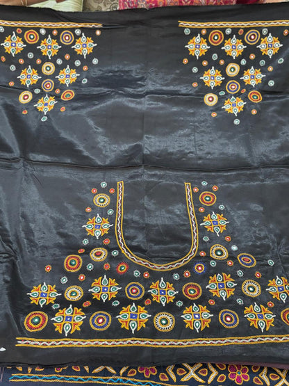 AHIR HAND EMBROIDERY KUTCH MIRROR WORK MASHRU SILK BLOUSE PIECE