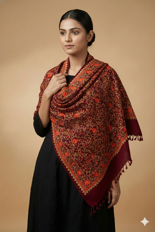 Kashmiri Aari embroidered semi  pashmina stole