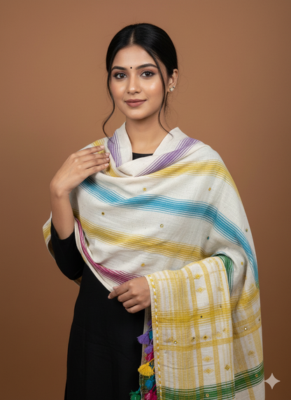 Rainbow Kutch Bhujodi Weaving Handloom Organic Kala Cotton Stole with Tassels with green border weaving