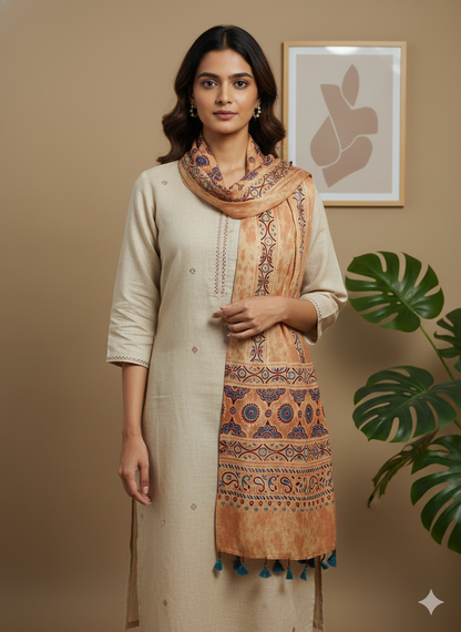 Peach - Ajrakh Block Printed Modal Silk Stole with Tassels 7