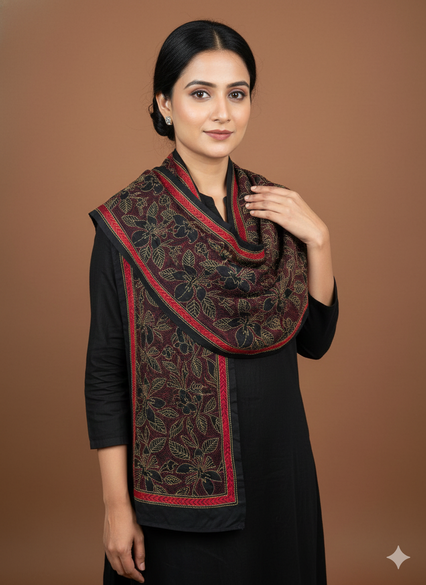 Coffee Brown - Bengal Kantha Embroidery Handloom Tussar Silk Stole