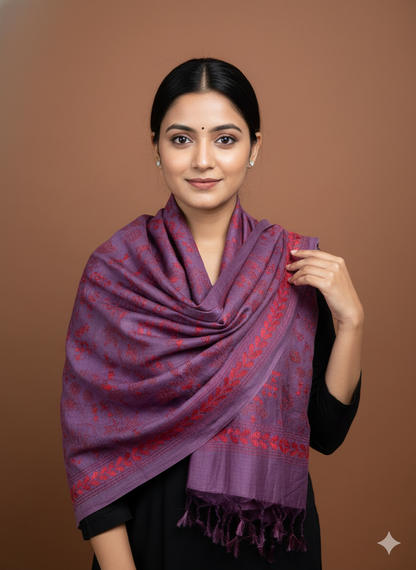 Wine - Bengal Kantha Embroidery Handloom Tussar Silk Stole