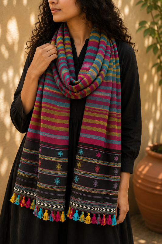 Kutch Bhujodi Weaving Handloom Organic Kala Cotton Stole with Tassels