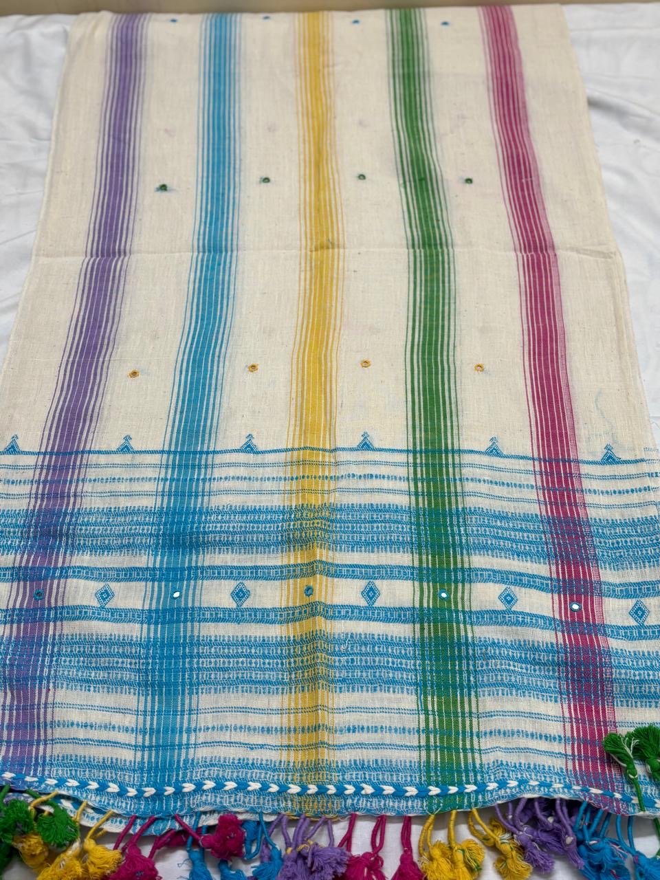 Rainbow Kutch Bhujodi Weaving Handloom Organic Kala Cotton Stole with Tassels with blue border weaving