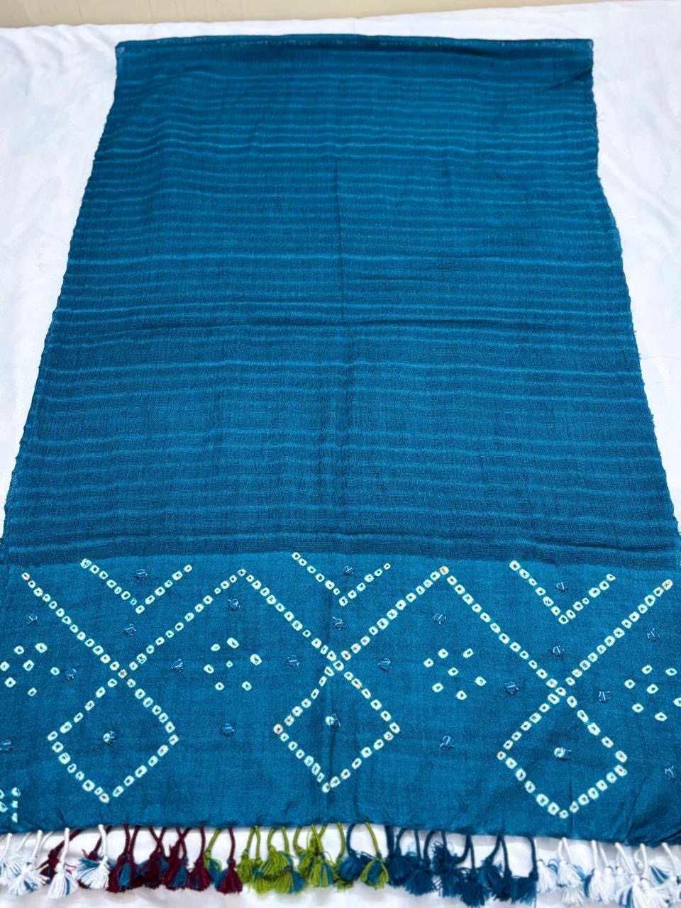 BLUE- KUTCH MIRROR WORK HANDWOVEN BANDHANI MERINO STOLE