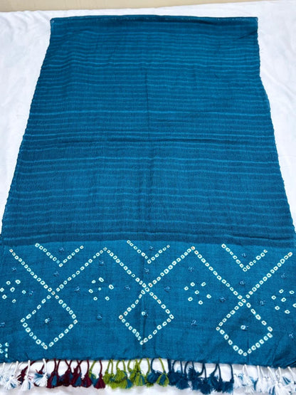 BLUE- KUTCH MIRROR WORK HANDWOVEN BANDHANI MERINO STOLE