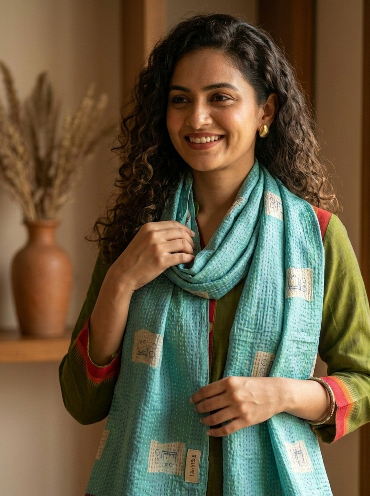 MULTICOLOR - PATCHWORK REVERSIBLE SILK BENGAL HAND KANTHA STITCH STOLE