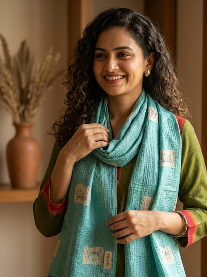 MULTICOLOR - PATCHWORK REVERSIBLE SILK BENGAL HAND KANTHA STITCH STOLE