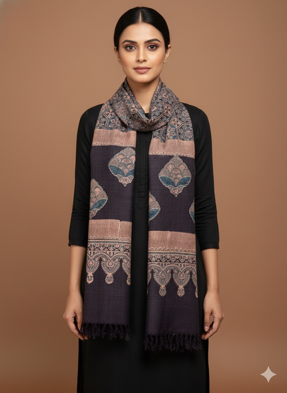 KUTCH HANDWOVEN HANDBLOCK  MERINO WOOL AJRAKH STOLE