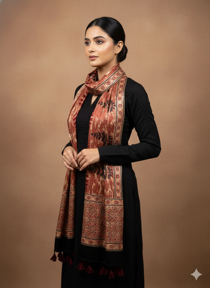 Burnt Orange Hand block Mashru Silk Ajrakh Stole 12