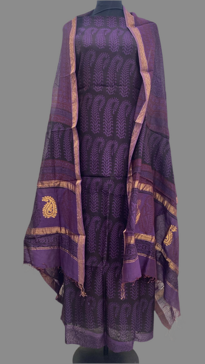 Purple - 3pc Chanderi Silk Bagh handblock Dress Material