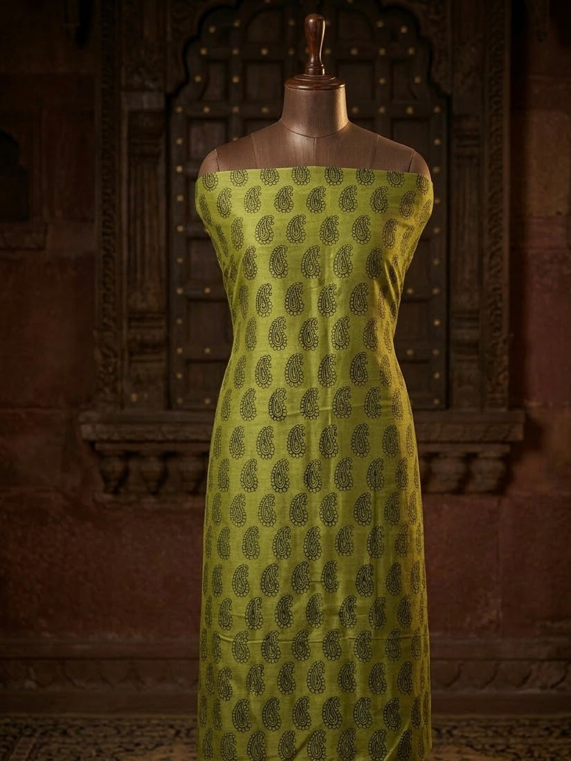Lime green  - 3pc Maheshwari Silk Bagh handblock Dress Material