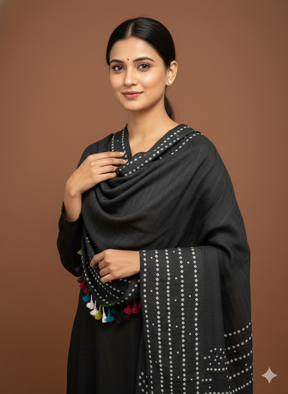 BLACK- KUTCH MIRROR WORK HANDWOVEN BANDHANI MERINO STOLE