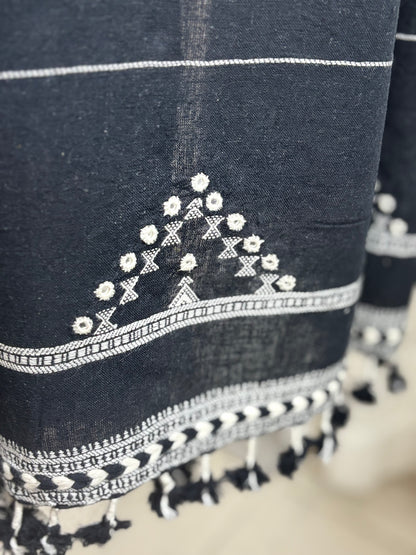 Black Kutch Bhujodi Weaving Handloom Organic Kala Cotton Stole with Tassels
