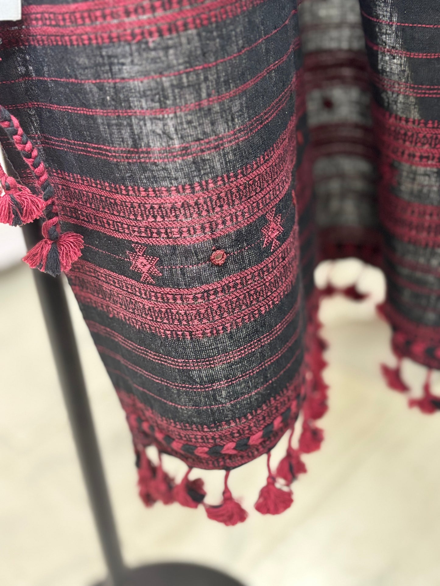 Black with peacock motif Kutch Bhujodi Weaving Handloom Organic Kala Cotton Stole with Tassels 1