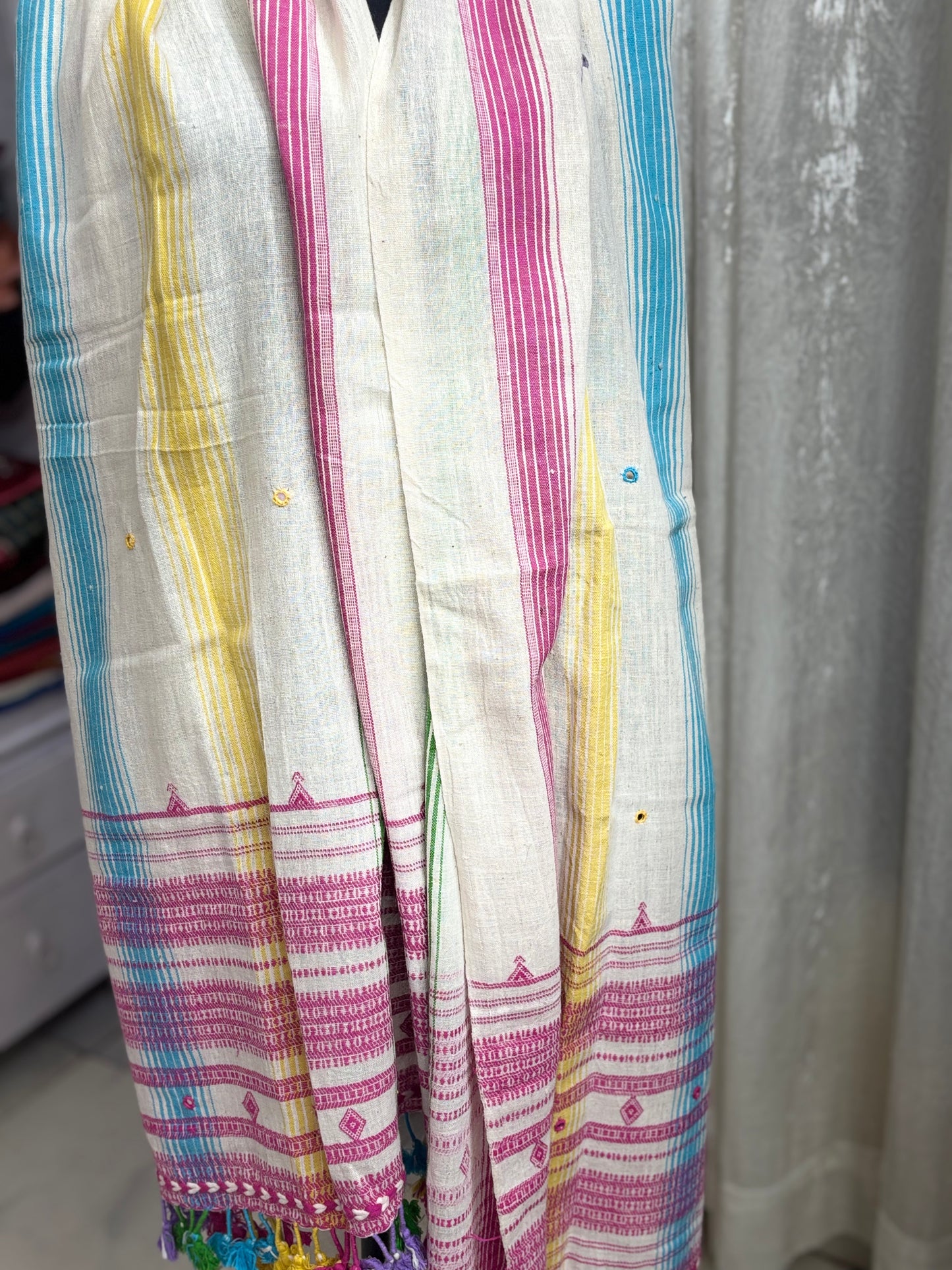 Rainbow Kutch Bhujodi Weaving Handloom Organic Kala Cotton Stole with Tassels 1