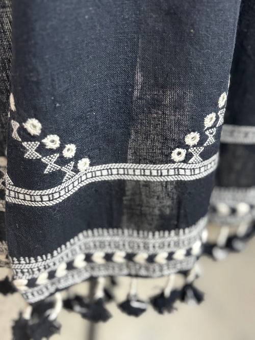 Black Kutch Bhujodi Weaving Handloom Organic Kala Cotton Stole with Tassels