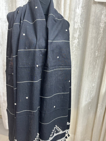 Black Kutch Bhujodi Weaving Handloom Organic Kala Cotton Stole with Tassels