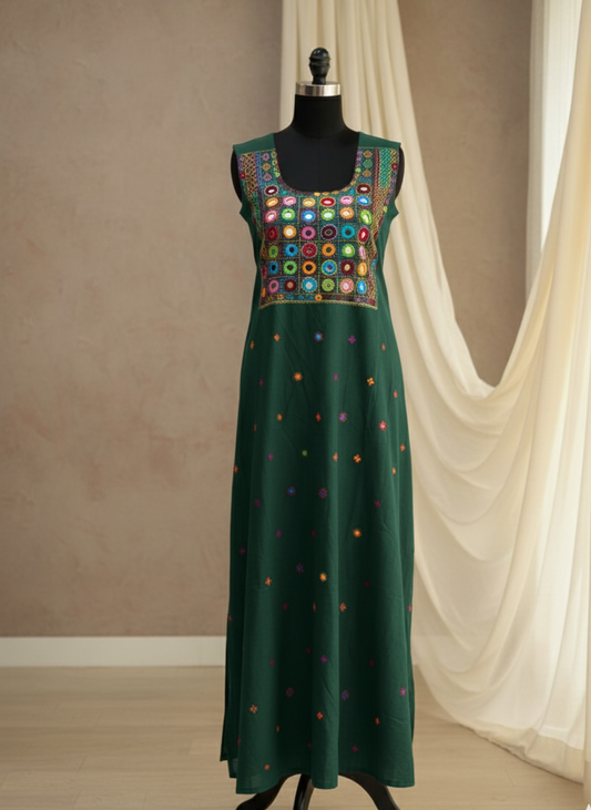 Elegant handwoven Khadi Handcrafted lambani embroidered kurti fabric Forest green -01