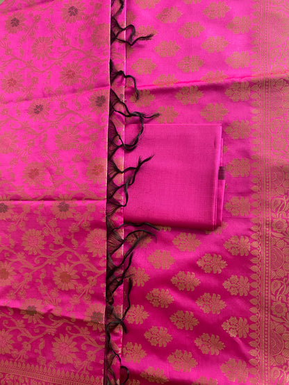 Banarsee Salwar Kameez Semi Katan Silk Fabric With Dupatta - Hot pink