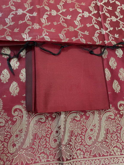 Banarsee Salwar Kameez Semi Katan Silk Fabric With Dupatta - mehroon