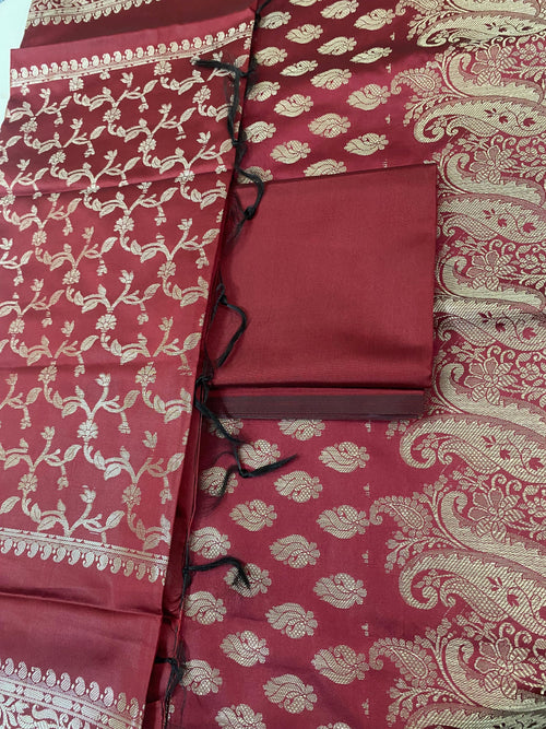 Banarsee Salwar Kameez Semi Katan Silk Fabric With Dupatta - mehroon
