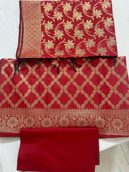 Banarsee Salwar Kameez Semi Katan Silk Fabric With Dupatta - red