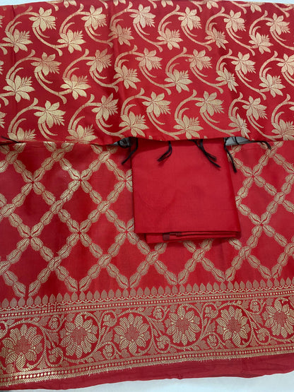 Banarsee Salwar Kameez Semi Katan Silk Fabric With Dupatta - red