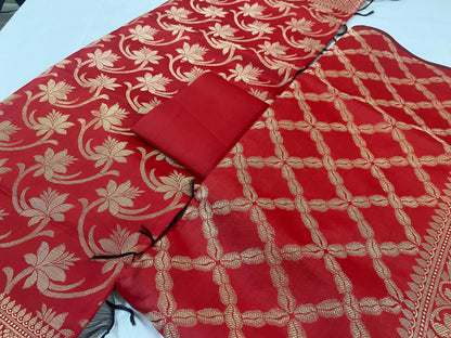 Banarsee Salwar Kameez Semi Katan Silk Fabric With Dupatta - red