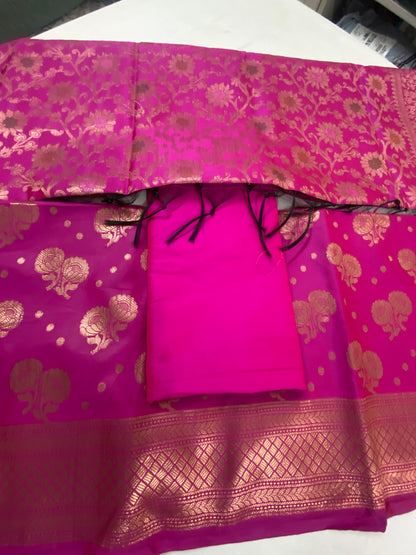 Banarsee Salwar Kameez Semi Katan Silk Fabric With Dupatta - pink