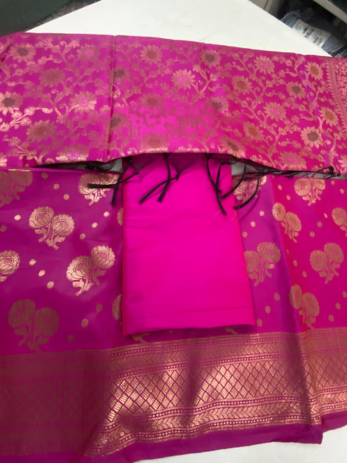 Banarsee Salwar Kameez Semi Katan Silk Fabric With Dupatta - pink