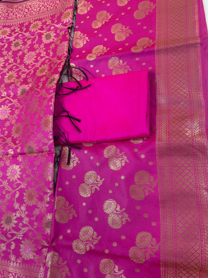 Banarsee Salwar Kameez Semi Katan Silk Fabric With Dupatta - pink