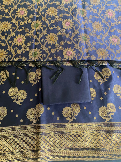 Banarsee Salwar Kameez Semi Katan Silk Fabric With Dupatta - Blue