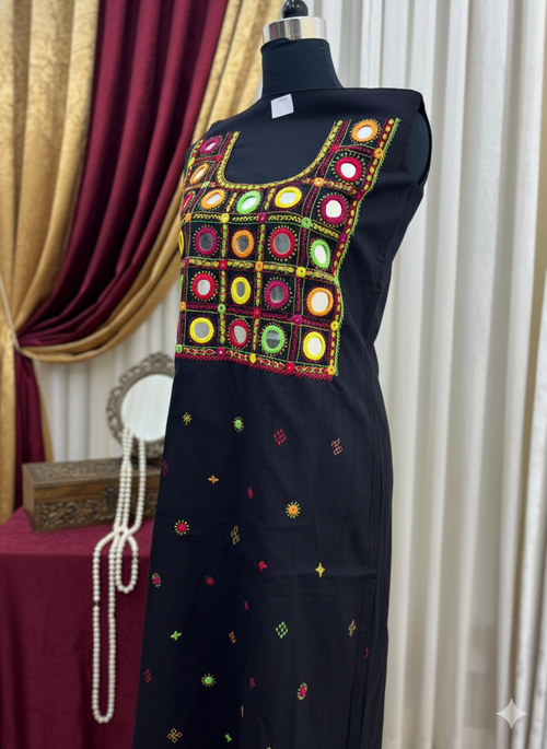 Elegant handwoven Khadi Handcrafted lambani embroidered kurti fabric Black -04