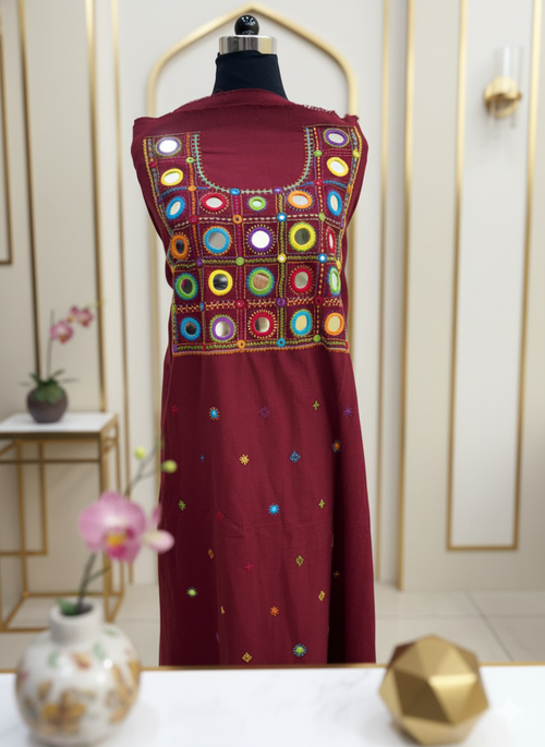 Elegant handwoven Khadi Handcrafted lambani embroidered kurti fabric Dark plum -08