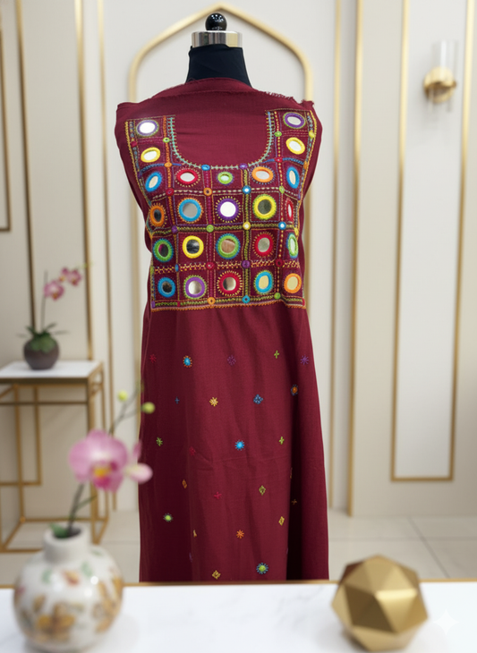 Elegant handwoven Khadi Handcrafted lambani embroidered kurti fabric Dark plum -08