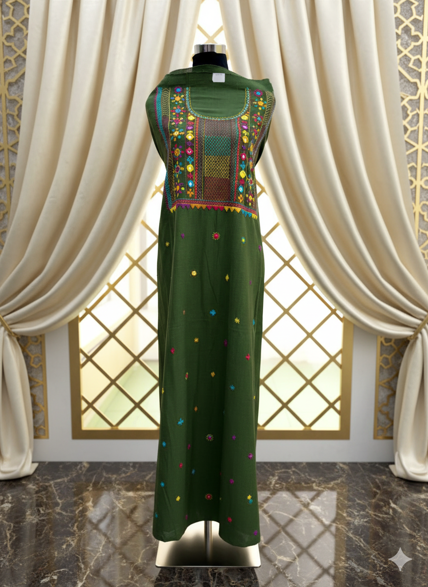 Elegant handwoven Khadi Handcrafted lambani embroidered kurti fabric chutney green - 11