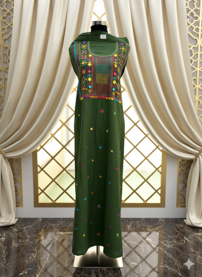 Elegant handwoven Khadi Handcrafted lambani embroidered kurti fabric chutney green - 11
