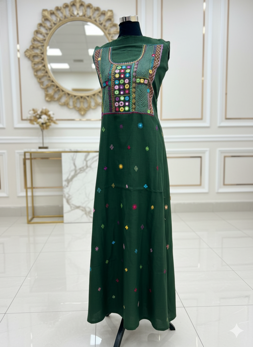 Elegant handwoven Khadi Handcrafted lambani embroidered kurti fabric fresh green - 12